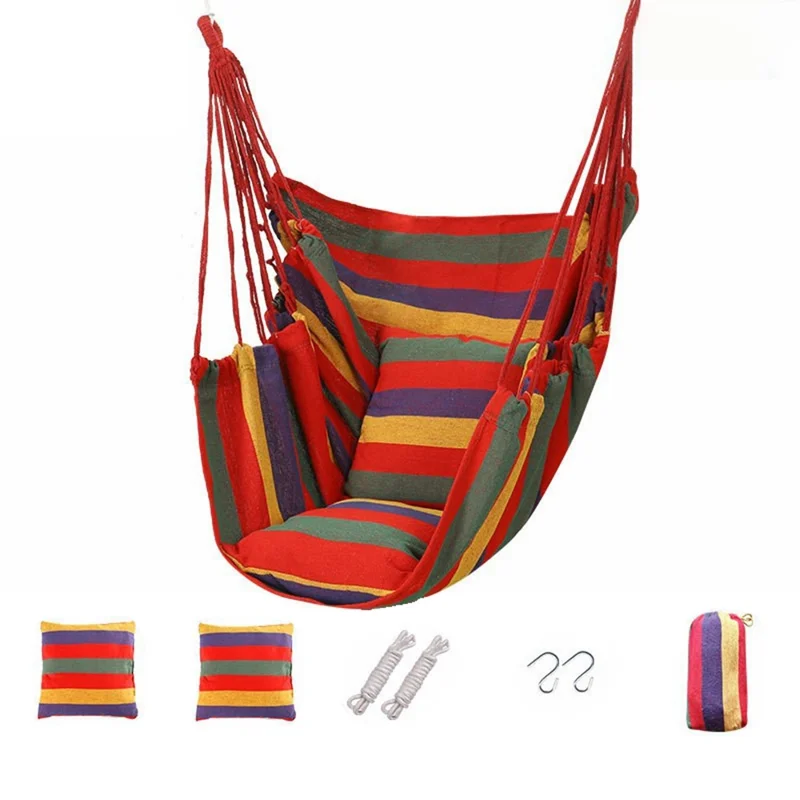 Chaise hamac de camping extérieur pour patio et jardin, balançoire suspendue avec coussin + oreiller décoratif - Rayures rouges