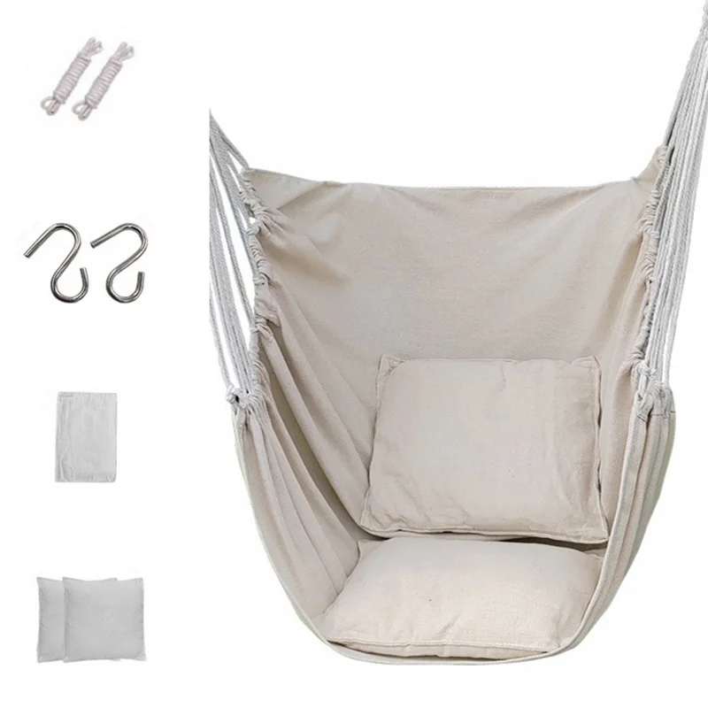 Outdoor Camping Patio Yard Canvas Hammock Chair Hanging Swing Seat with Cushion + Throw Pillow - White