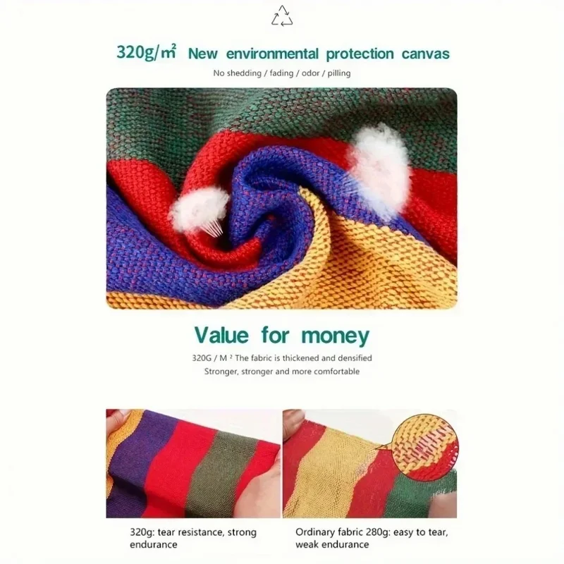 Outdoor Camping Patio Yard Canvas Hammock Chair Hanging Swing Seat with Cushion + Throw Pillow - White