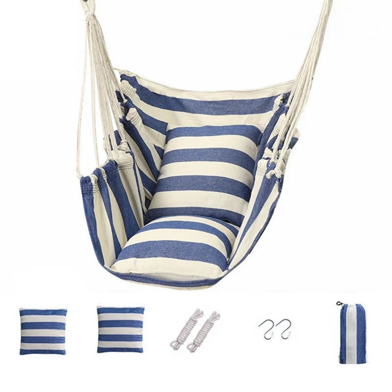Outdoor Camping Patio Yard Canvas Hammock Chair Hanging Swing Seat with Cushion + Throw Pillow - Blue / White Stripe