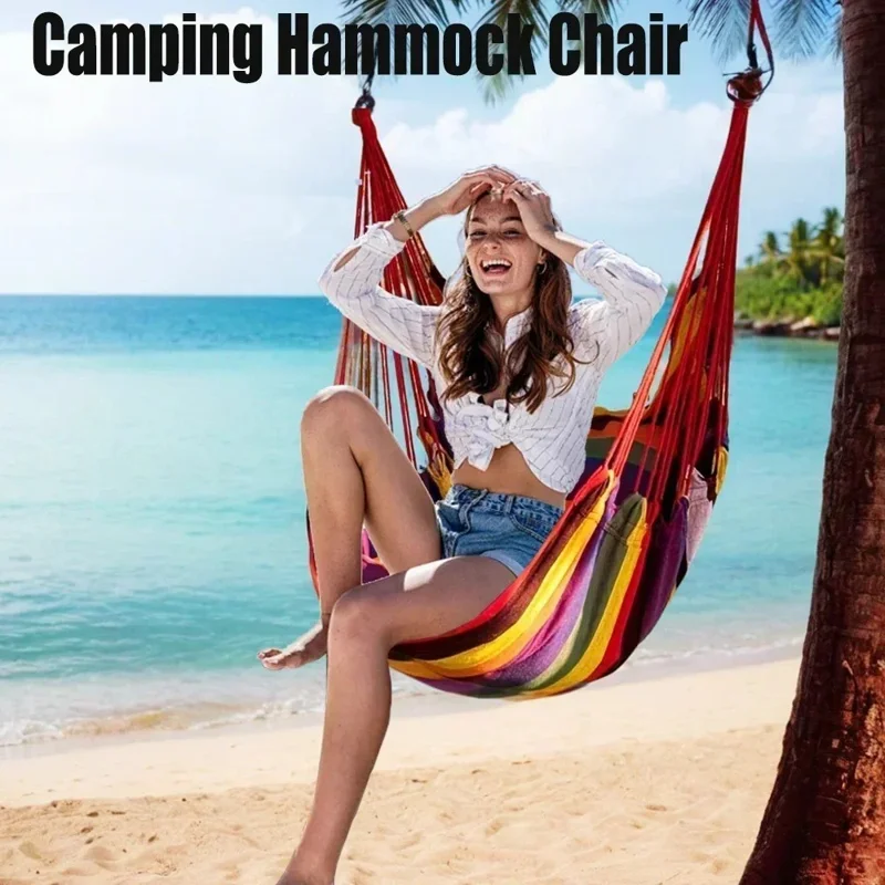 Outdoor Camping Patio Yard Canvas Hammock Chair Hanging Swing Seat with Cushion + Throw Pillow - Blue / White Stripe
