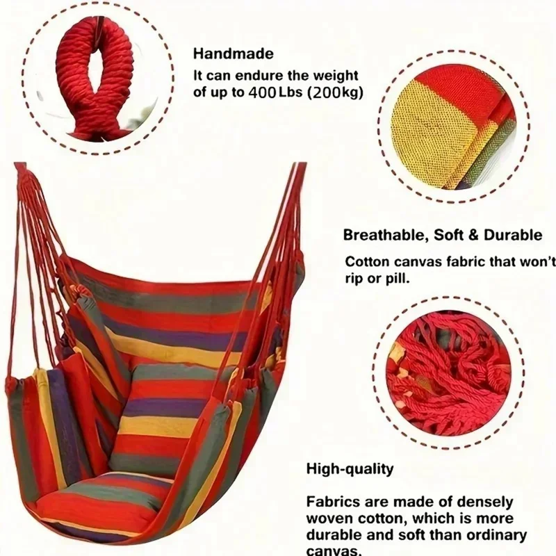 Outdoor Camping Patio Yard Canvas Hammock Chair Hanging Swing Seat with Cushion + Throw Pillow - Blue / White Stripe