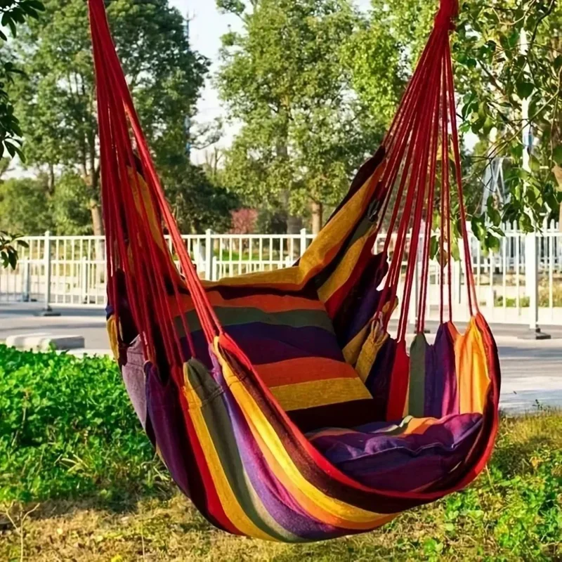 Outdoor Camping Patio Yard Canvas Hammock Chair Hanging Swing Seat with Cushion + Throw Pillow - Blue / White Stripe