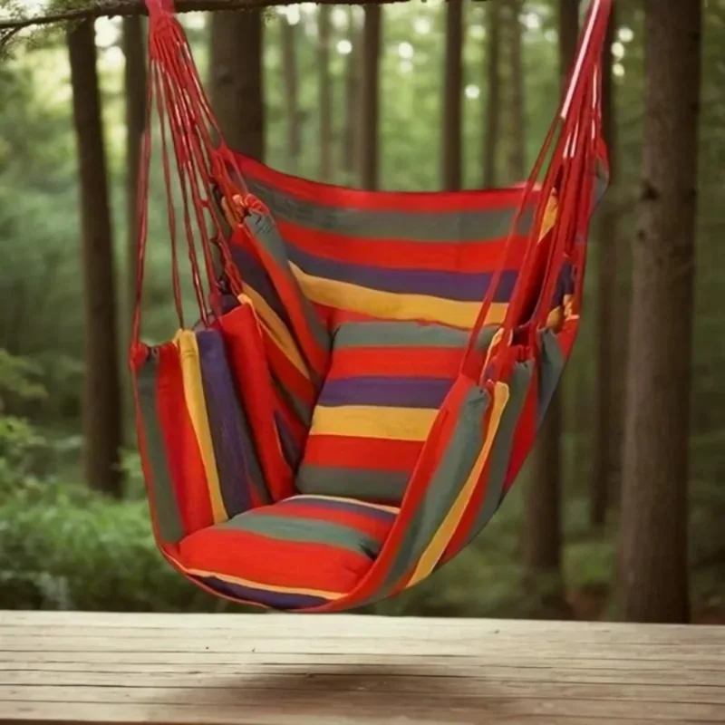Outdoor Camping Patio Yard Canvas Hammock Chair Hanging Swing Seat with Cushion + Throw Pillow - Blue / White Stripe