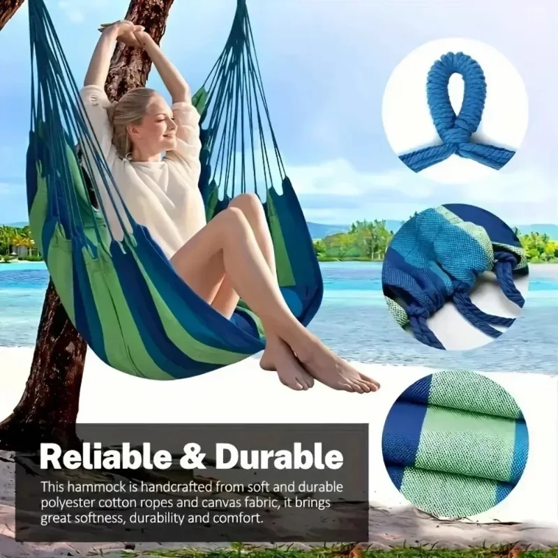 Outdoor Camping Patio Yard Canvas Hammock Chair Hanging Swing Seat with Cushion + Throw Pillow - Blue / White Stripe
