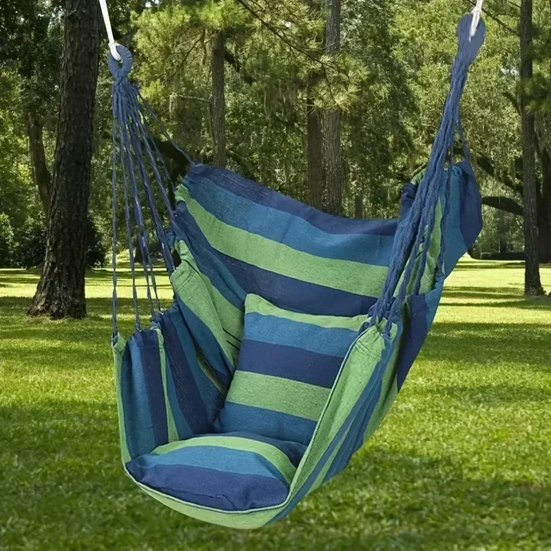 Outdoor Camping Patio Yard Canvas Hammock Chair Hanging Swing Seat with Cushion + Throw Pillow - Blue / White Stripe