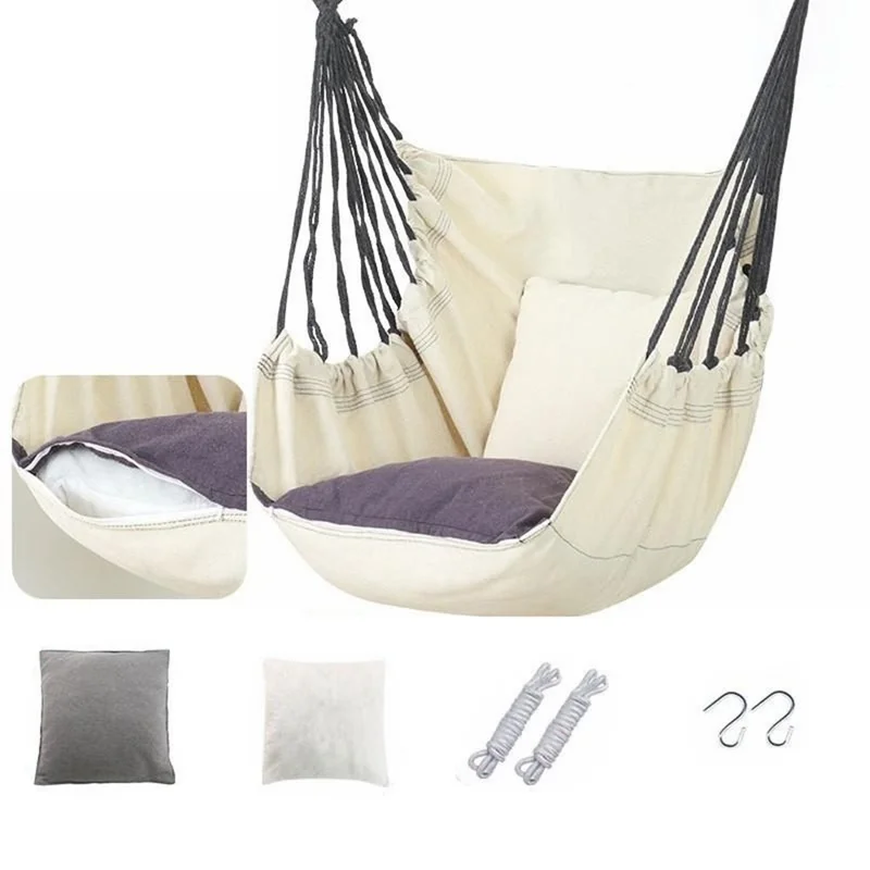 Cadeira de Rede de Camping com Zíper para Pátio e Jardim, Assento Suspenso com Núcleo de Almofada Removível + Almofada Decorativa - Branco