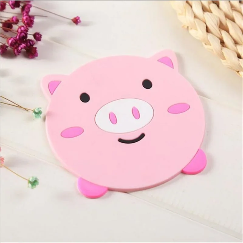 D06 Cute Cartoon Animal Shape Dining Table Silicone Coaster Coffee Tea Cup Mat Heat-resistant Pad Kitchen Decor - Pig