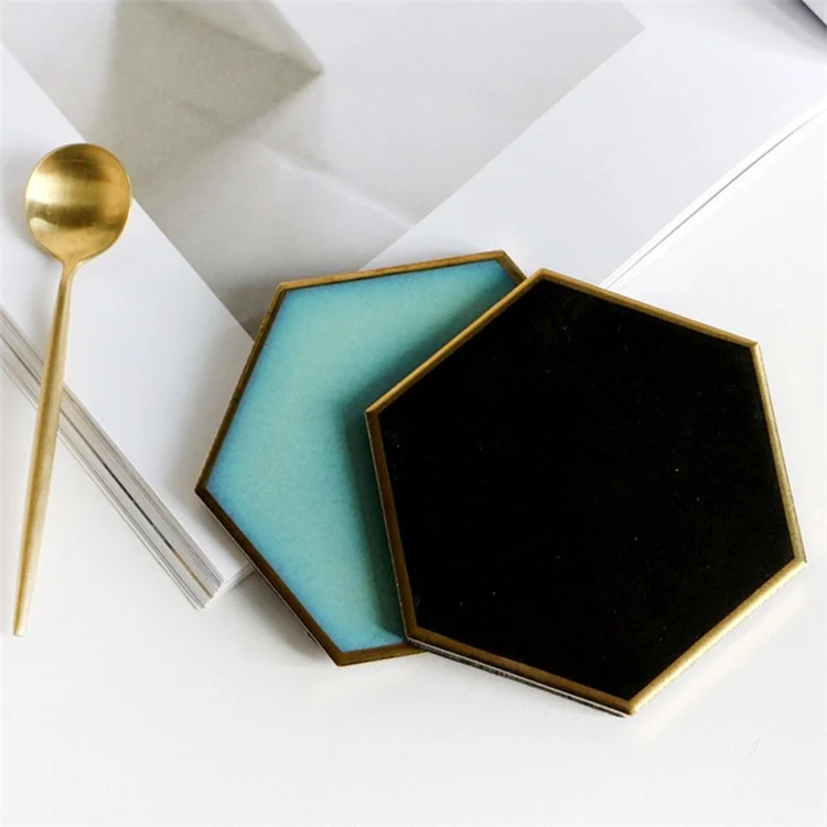 Nordic Style Hexagon Gold-plated Ceramic Placemat Heat Insulation Cup Coaster Table Mats Pads - Black