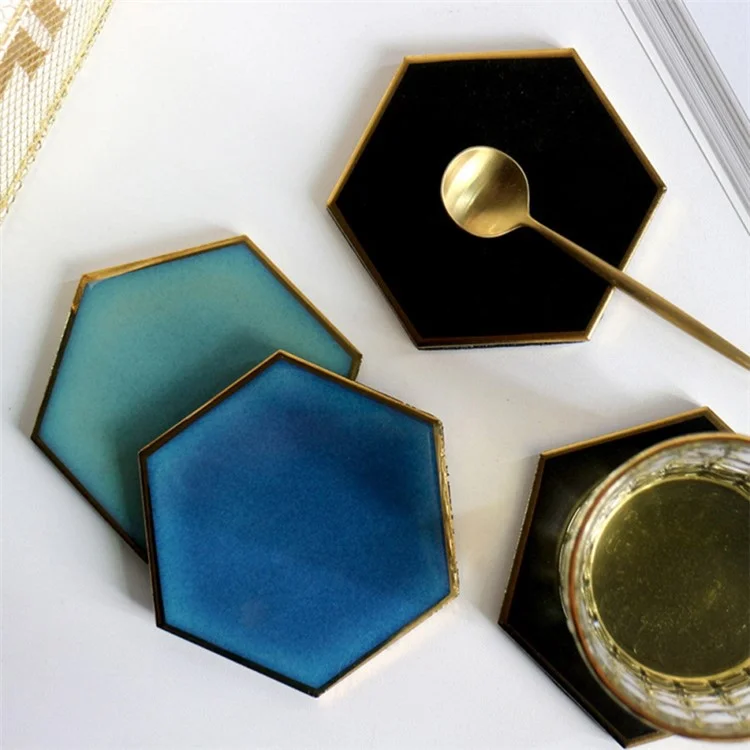 Nordic Style Hexagon Gold-plated Ceramic Placemat Heat Insulation Cup Coaster Table Mats Pads - Black