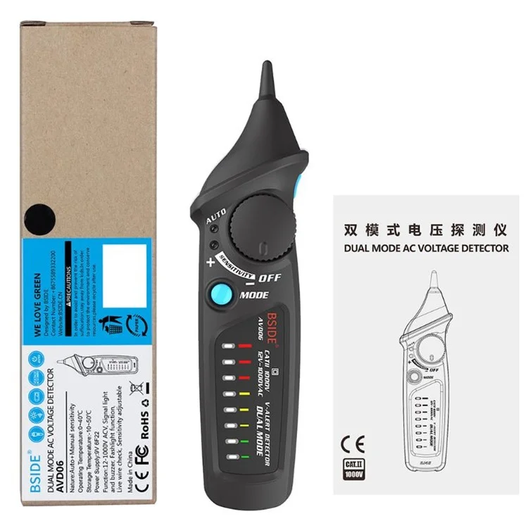 BSIDE AVD06 AC 12-1000V Stylo de test de tension électrique Non-Contact Sensor Détecteur d'alimentation intelligent avec lumière LED blanche Mode double test Stylo pour test de circuit