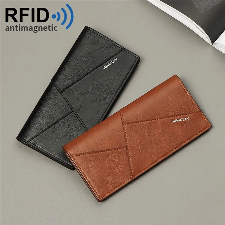 SUNICETY Men RFID Blocking Bifold Long Wallet Credit Card Holder Slim PU Leather Purse - Coffee