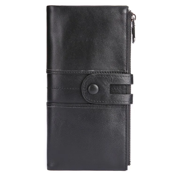 2072 Double Zipper Long Wallet RFID Blocking Top Layer Cowhide Cellphone Clutch Coin Purse Card Slots - Black