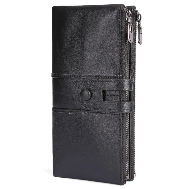 2072 Double Zipper Long Wallet RFID Blocking Top Layer Cowhide Cellphone Clutch Coin Purse Card Slots - Black