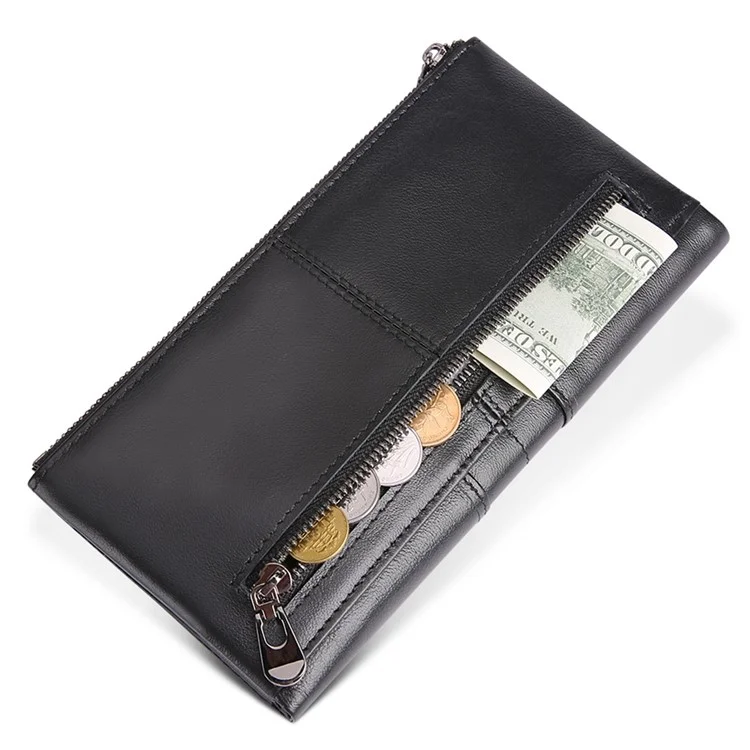 2072 Double Zipper Long Wallet RFID Blocking Top Layer Cowhide Cellphone Clutch Coin Purse Card Slots - Black