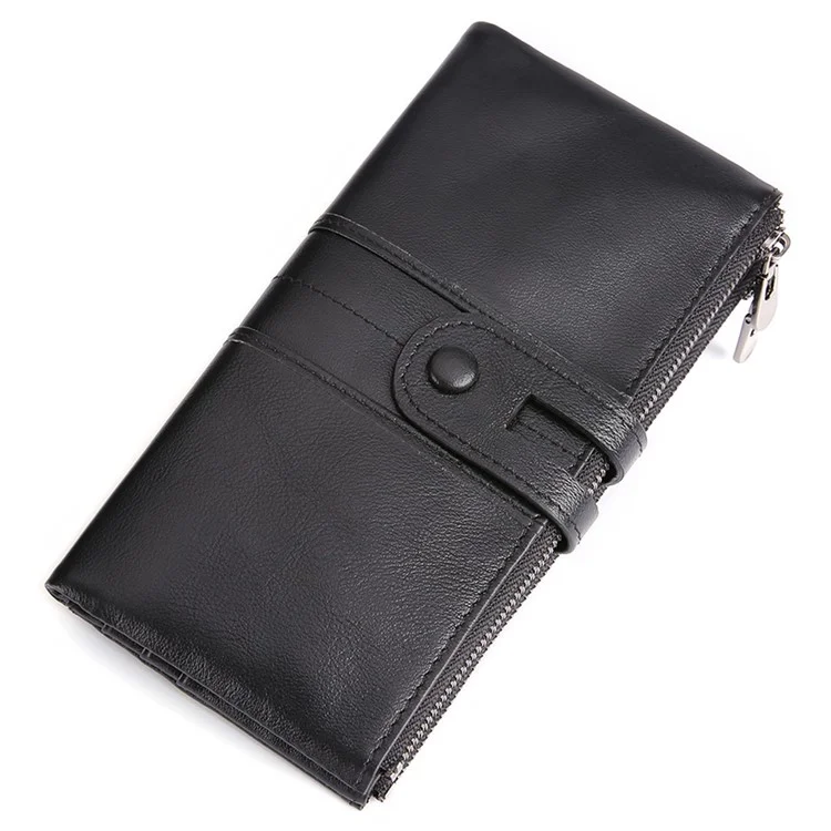 2072 Double Zipper Long Wallet RFID Blocking Top Layer Cowhide Cellphone Clutch Coin Purse Card Slots - Black