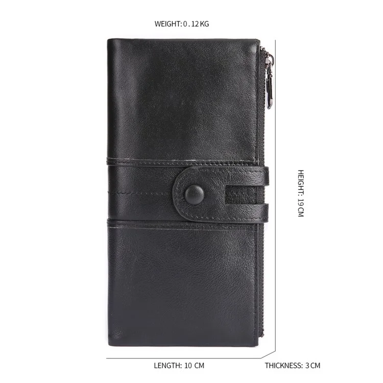 2072 Double Zipper Long Wallet RFID Blocking Top Layer Cowhide Cellphone Clutch Coin Purse Card Slots - Black