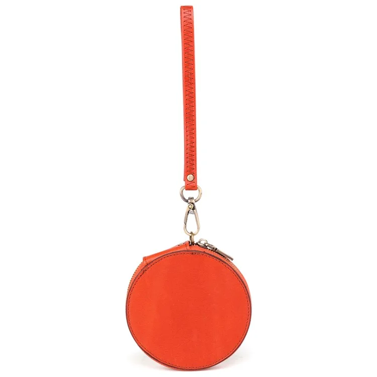 K058 Top Layer Cowhide Coin Purse Portable Mini Round Zipper Wallet Storage Bag with Strap - Orange