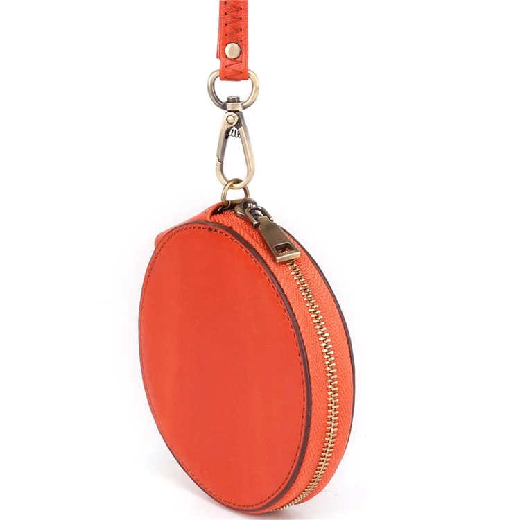 K058 Top Layer Cowhide Coin Purse Portable Mini Round Zipper Wallet Storage Bag with Strap - Orange