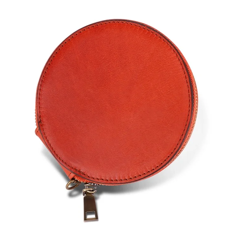 K058 Top Layer Cowhide Coin Purse Portable Mini Round Zipper Wallet Storage Bag with Strap - Orange