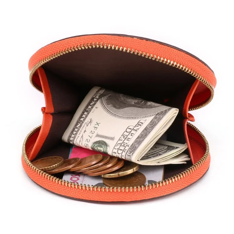 K058 Top Layer Cowhide Coin Purse Portable Mini Round Zipper Wallet Storage Bag with Strap - Orange