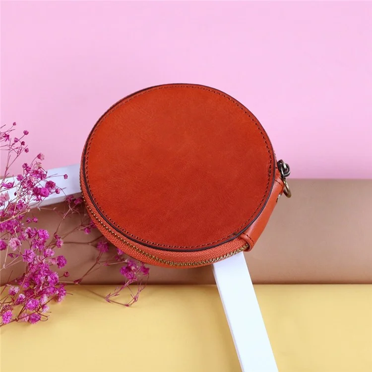 K058 Top Layer Cowhide Coin Purse Portable Mini Round Zipper Wallet Storage Bag with Strap - Orange