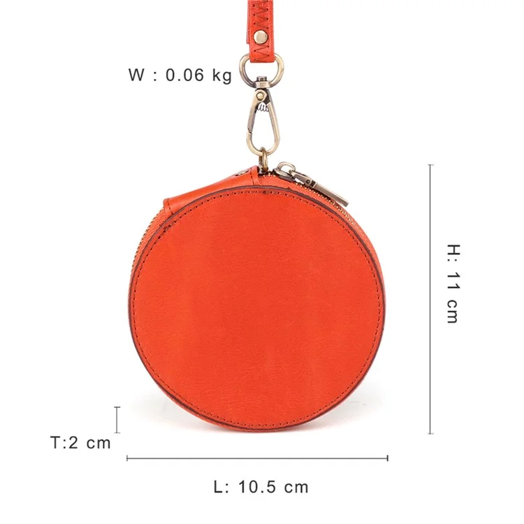 K058 Top Layer Cowhide Coin Purse Portable Mini Round Zipper Wallet Storage Bag with Strap - Orange
