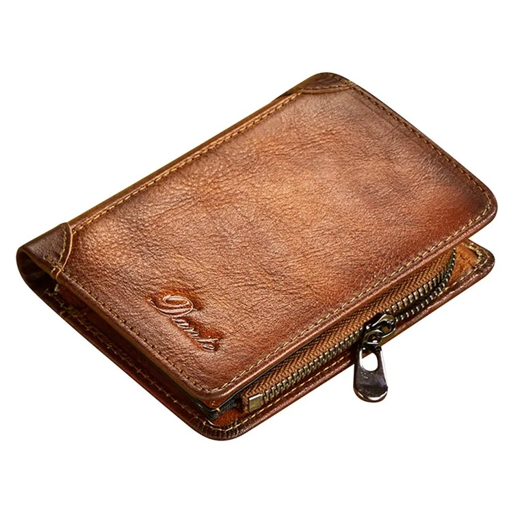Dante 05510 RFID Bloqueando a Camada Retro Top Men Cowhide Men Short Cartlelet Card Card Titular Com Bolso Com Zíper - Castanho