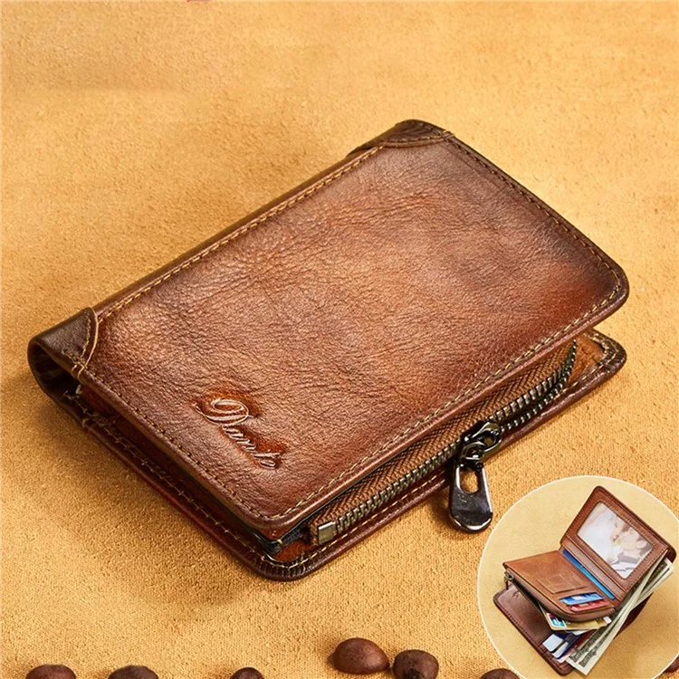 Dante 05510 RFID Bloqueando a Camada Retro Top Men Cowhide Men Short Cartlelet Card Card Titular Com Bolso Com Zíper - Castanho