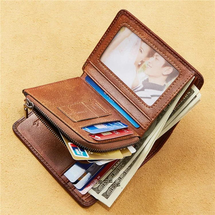 Dante 05510 RFID Bloqueando a Camada Retro Top Men Cowhide Men Short Cartlelet Card Card Titular Com Bolso Com Zíper - Castanho