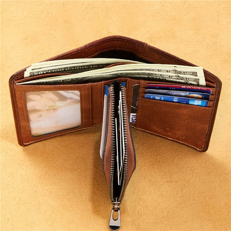 Dante 05510 RFID Bloqueando a Camada Retro Top Men Cowhide Men Short Cartlelet Card Card Titular Com Bolso Com Zíper - Castanho