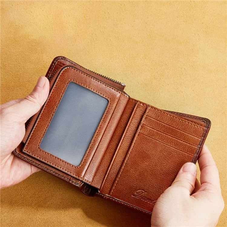 Dante 05510 RFID Bloqueando a Camada Retro Top Men Cowhide Men Short Cartlelet Card Card Titular Com Bolso Com Zíper - Castanho