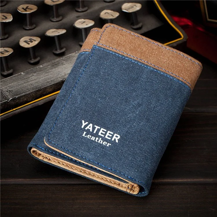 Yateer 123 Men Casual Colorir Tela de Emenda Tríforada Saco de Armazenamento de Carteira de Carteira Curta de Carteira Curta - Azul / Com Carta