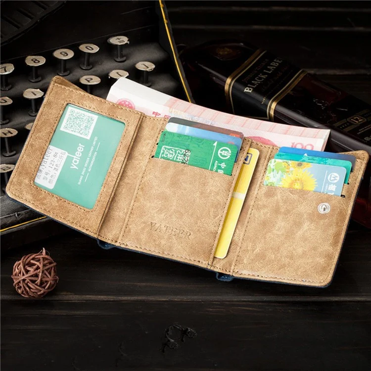 YATEER 123 Casual Men Color Splicing Canvas Trifold Short Wallet Cash Card Storage Bag - Blue / Blank