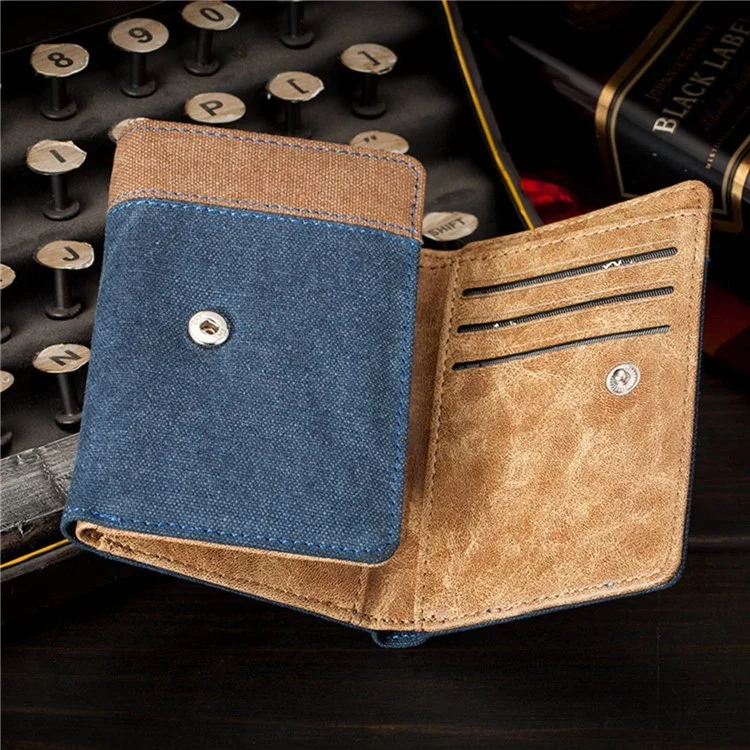 YATEER 123 Casual Men Color Splicing Canvas Trifold Short Wallet Cash Card Storage Bag - Blue / Blank