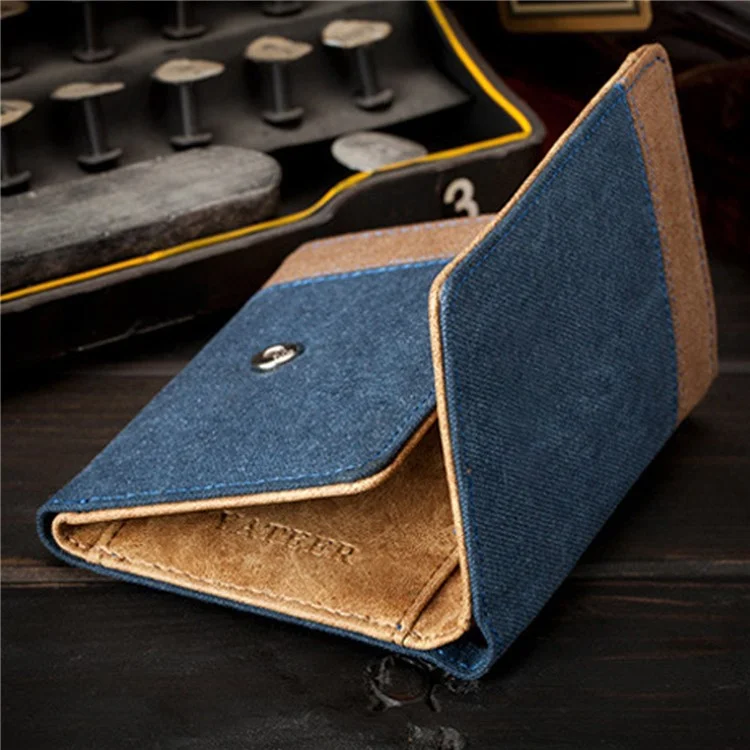 YATEER 123 Casual Men Color Splicing Canvas Trifold Short Wallet Cash Card Storage Bag - Blue / Blank