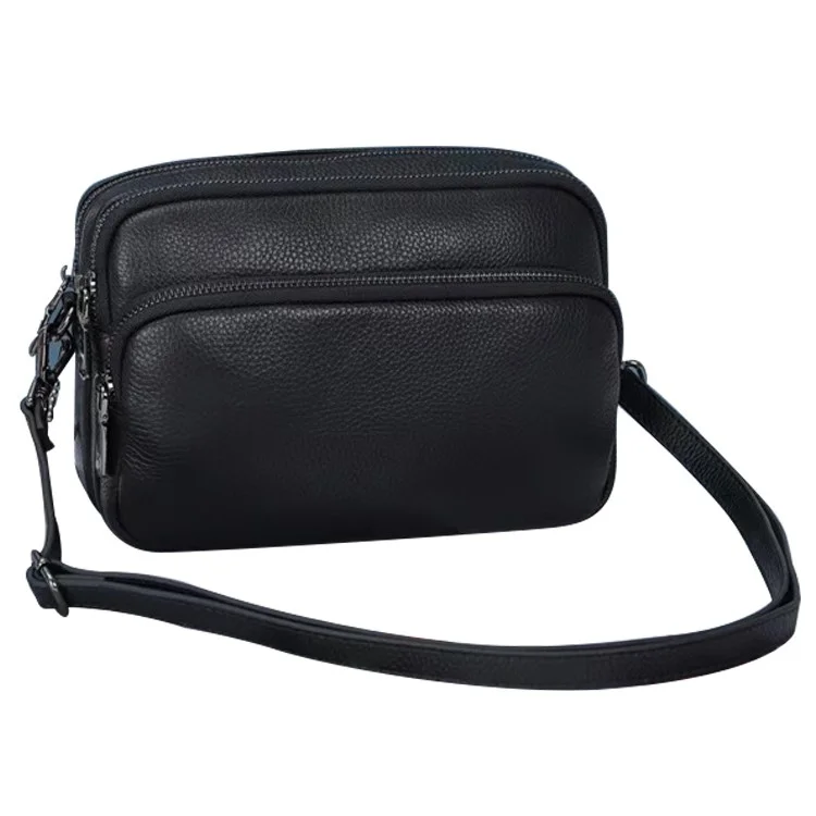 Bolsa de Ombro com Zíper de Três Camadas 6551 Cor Sólida Primeira Camada de Couro de Vaca Quadrada Transversal - Preto