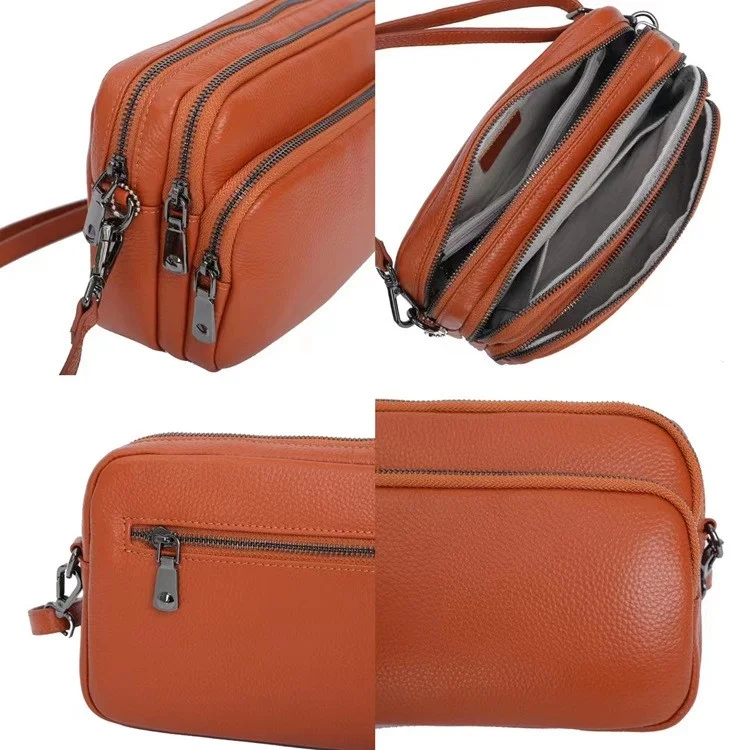 Bolsa de Ombro com Zíper de Três Camadas 6551 Cor Sólida Primeira Camada de Couro de Vaca Quadrada Transversal - Preto