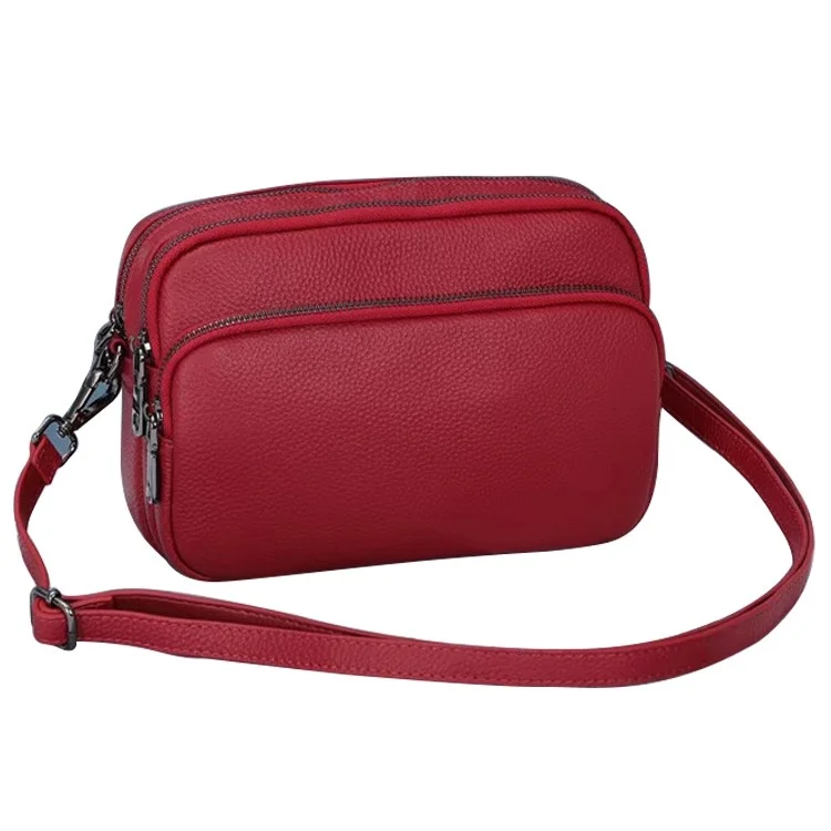 6551 Three Layer Zipper Shoulder Bag Solid Color Top Layer Cowhide Square Crossbody Bag - Wine Red