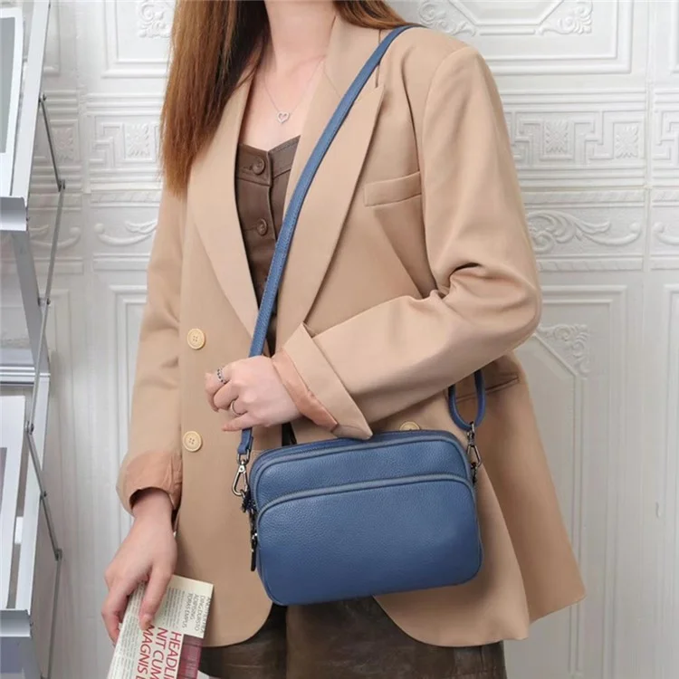 6551 Three Layer Zipper Shoulder Bag Solid Color Top Layer Cowhide Square Crossbody Bag - Wine Red
