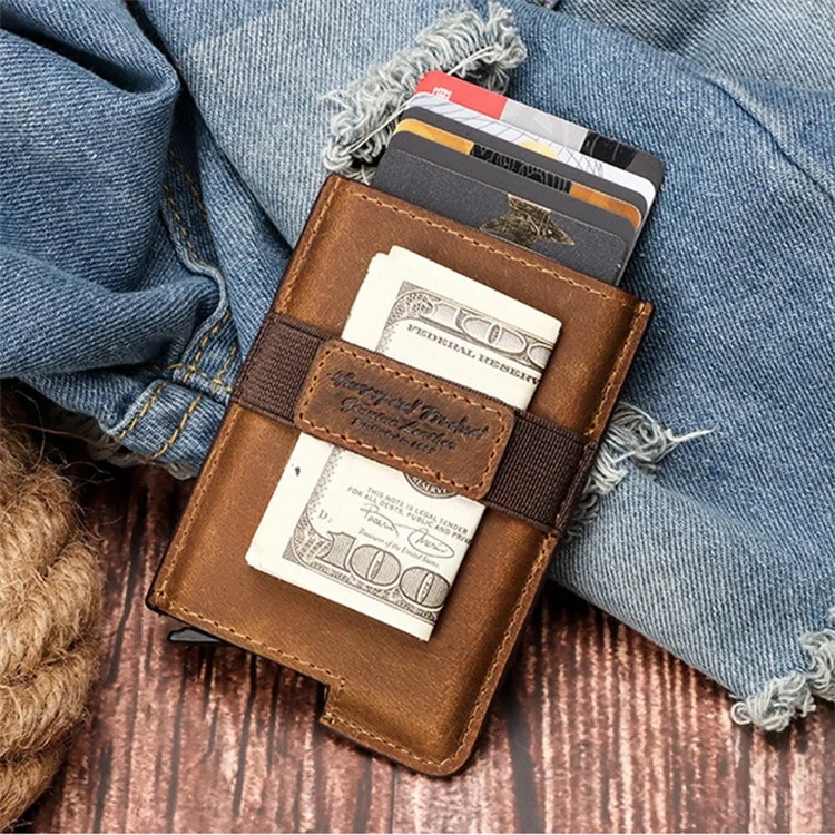 BP977 RFID Blocking Full Grain Cowhide Leather Card Pouch Bag Multifunction Wallet Cash Holder - Marrom