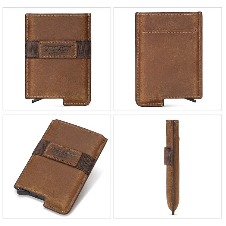BP977 RFID Blocking Full Grain Cowhide Leather Card Pouch Bag Multifunction Wallet Cash Holder - Marrom