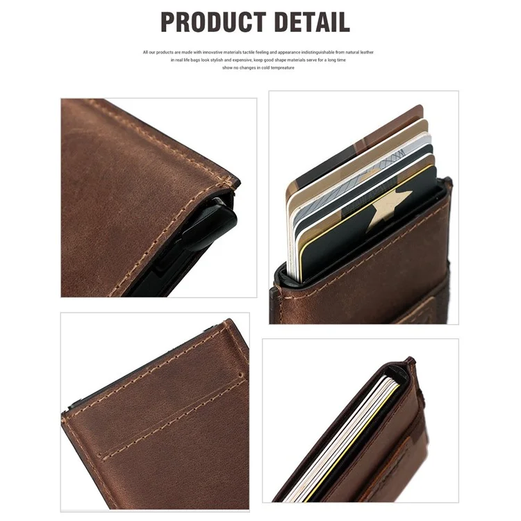 BP977 RFID Blocking Full Grain Cowhide Leather Card Pouch Bag Multifunction Wallet Cash Holder - Marrom