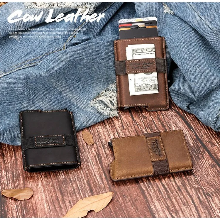 BP977 RFID Blocking Full Grain Cowhide Leather Card Pouch Bag Multifunction Wallet Cash Holder - Marrom