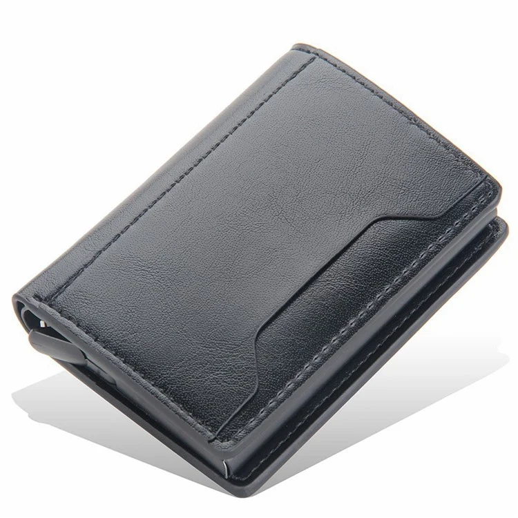 BAELLERRY K9140 Automatic Pop Up Aluminum Alloy Card Case RFID Blocking PU Leather Credit Card Holder Wallet - Black