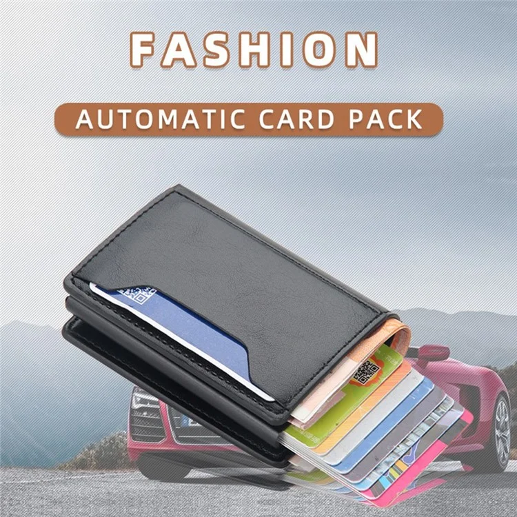 BAELLERRY K9140 Automatic Pop Up Aluminum Alloy Card Case RFID Blocking PU Leather Credit Card Holder Wallet - Black