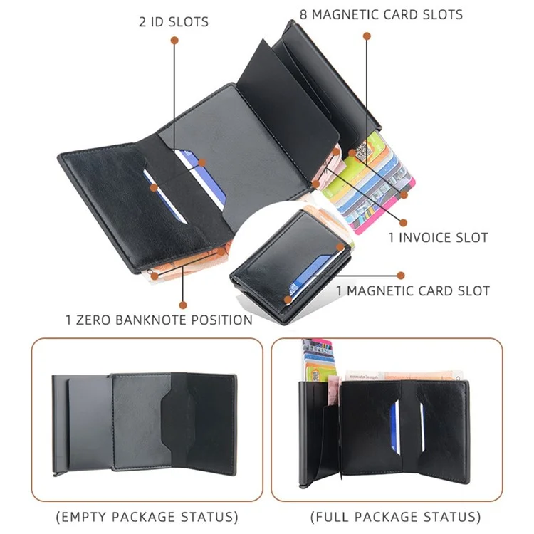 BAELLERRY K9140 Automatic Pop Up Aluminum Alloy Card Case RFID Blocking PU Leather Credit Card Holder Wallet - Black