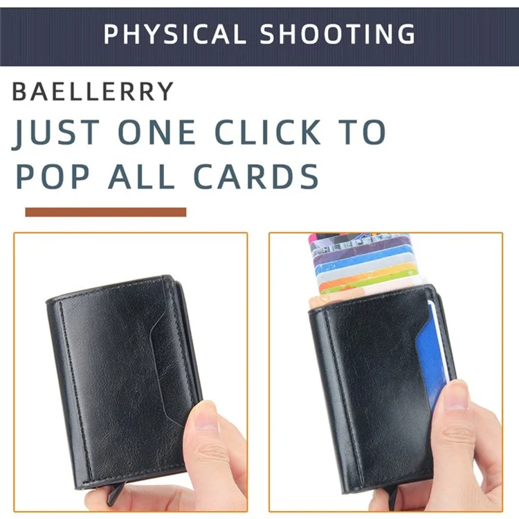 BAELLERRY K9140 Automatic Pop Up Aluminum Alloy Card Case RFID Blocking PU Leather Credit Card Holder Wallet - Black