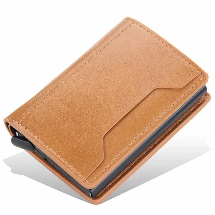 BAELLERRY K9140 Automatic Pop Up Aluminum Alloy Card Case RFID Blocking PU Leather Credit Card Holder Wallet - Brown