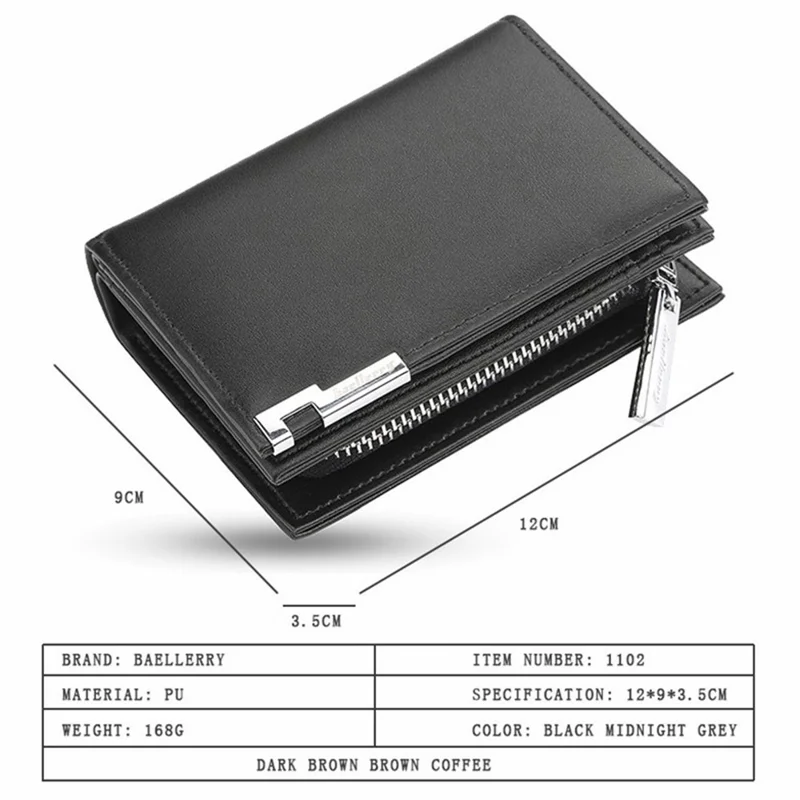 BAELLERRY 1102 Heren Effen Kleur Korte Portemonnee met Ritsvak Design PU Leren Portemonnee voor Munten en Kaarten - Zwart